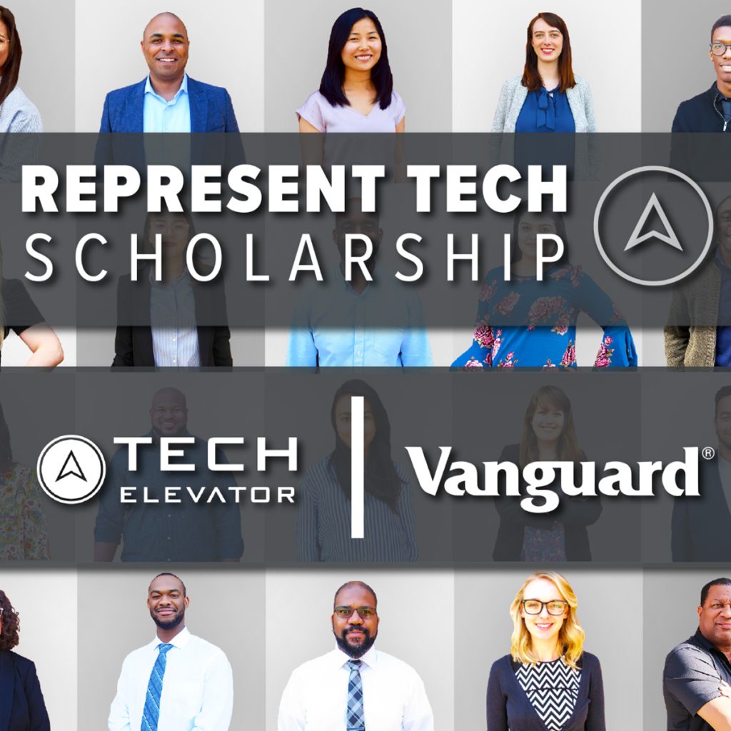 Tech Elevator and Vanguard logos with employee headshots in background