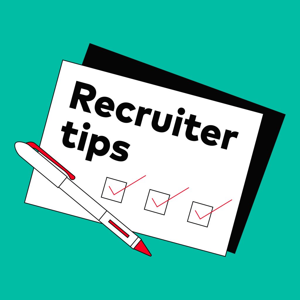 Illustration of a pen sitting atop a checklist of recruiter tips. The pen and checklist are on a bright turquoise background.