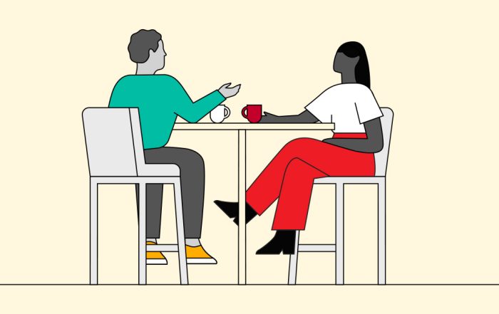 Illustration of two people sitting across from each other at a table. The person on the left wears a green shirt, gray pants, and yellow shoes, holding a white cup. The person on the right wears a white shirt, red pants, and black shoes, holding a red cup.