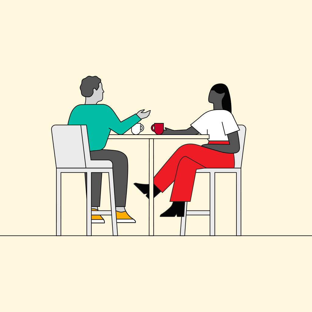 Illustration of two people sitting across from each other at a table. The person on the left wears a green shirt, gray pants, and yellow shoes, holding a white cup. The person on the right wears a white shirt, red pants, and black shoes, holding a red cup.