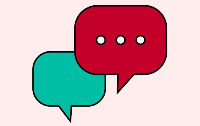 Two overlapping speech bubbles on a pale pink background. The front bubble is red with three white dots inside, and the bubble behind it is teal.